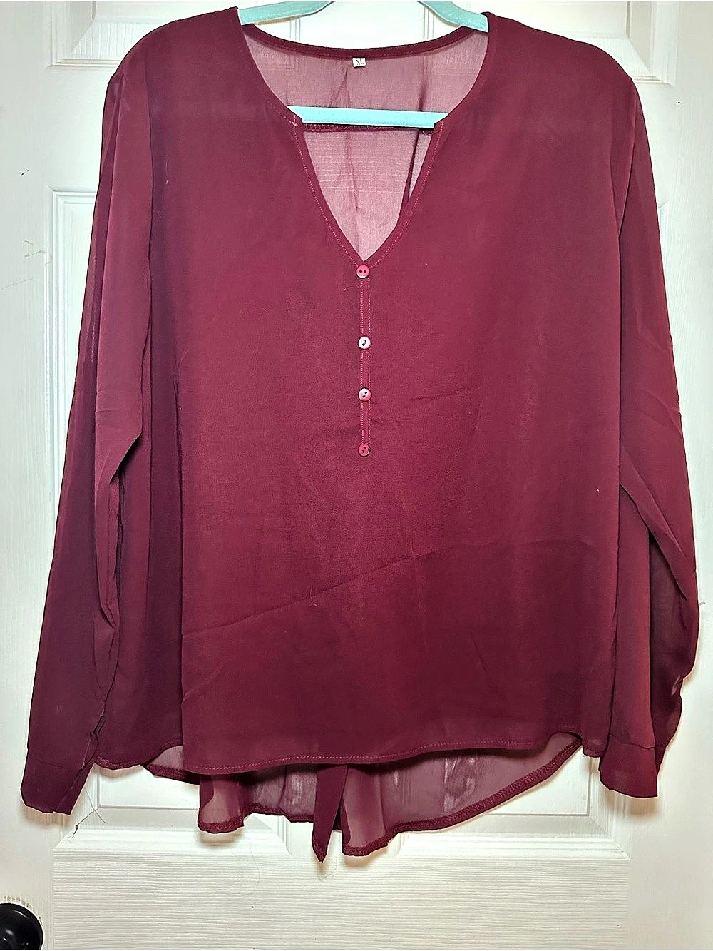 Sheer V-Neck Blouse in Burgundy XL Like New